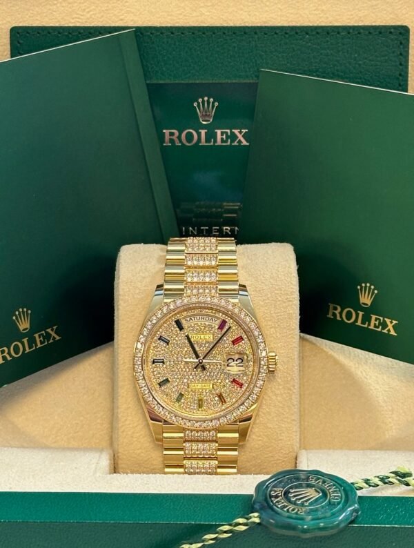Rolex - Pre-owned Yellow Gold Day-Date 36mm Presidential Pave Rainbow Diamond Dial Diamond Bezel 128348RBR - Image 2