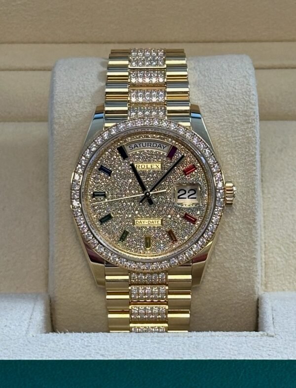 Rolex - Pre-owned Yellow Gold Day-Date 36mm Presidential Pave Rainbow Diamond Dial Diamond Bezel 128348RBR - Image 3