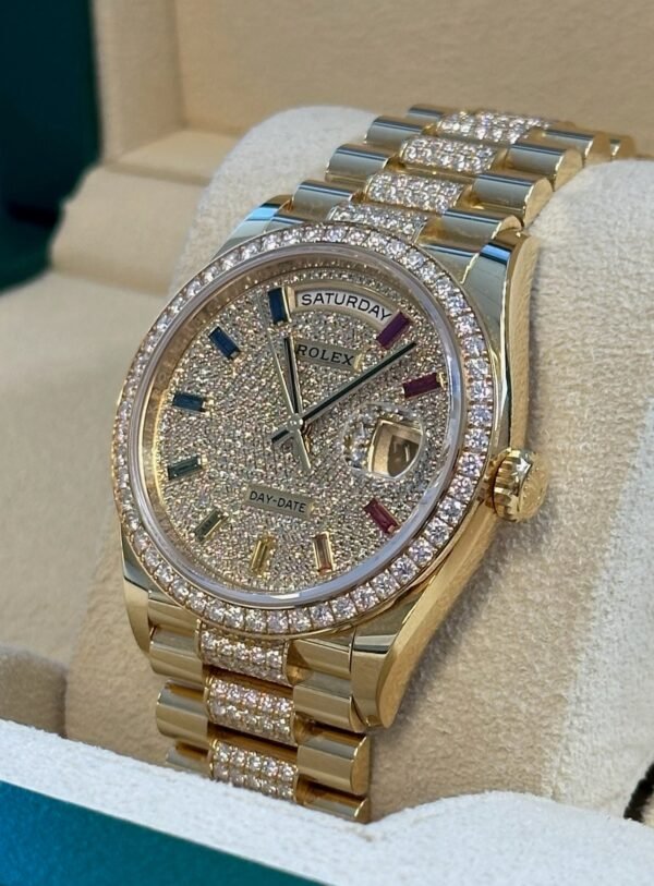 Rolex - Pre-owned Yellow Gold Day-Date 36mm Presidential Pave Rainbow Diamond Dial Diamond Bezel 128348RBR - Image 4