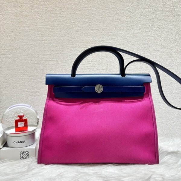 Preloved Hermès Herbag Two-Tone Pink & Blue Canvas Satchel/Top Handle - Image 4