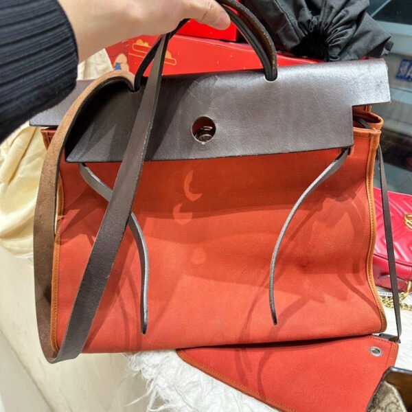 Preloved Hermès Herbag 39 Orange Canvas and Leather Tote Bag - Image 3