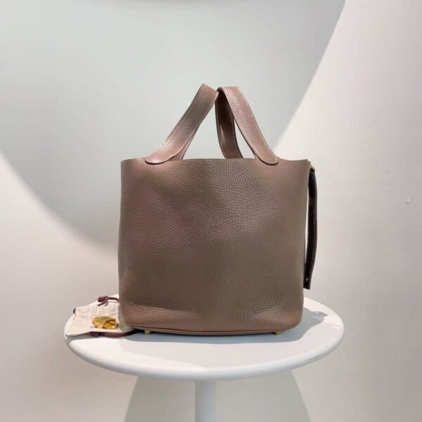 Preloved Hermes Picotin Bag in Taupe Leather - Bucket Style - Image 2