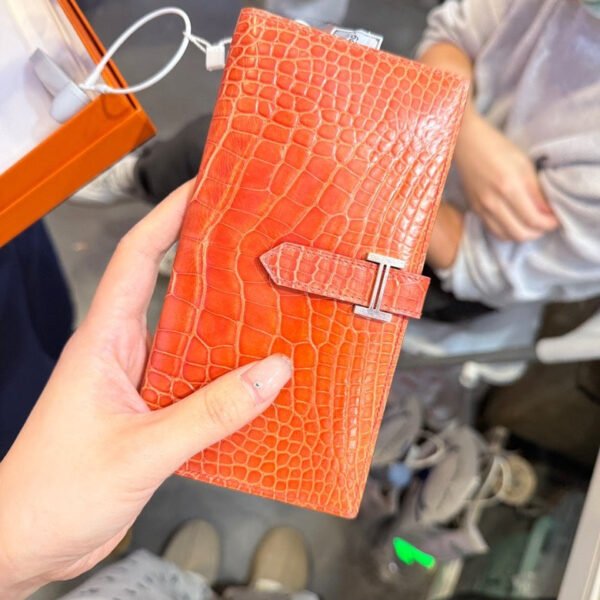 Hermes Vintage Foldable Wallet in Orange Exotic Leather with Box - Image 2