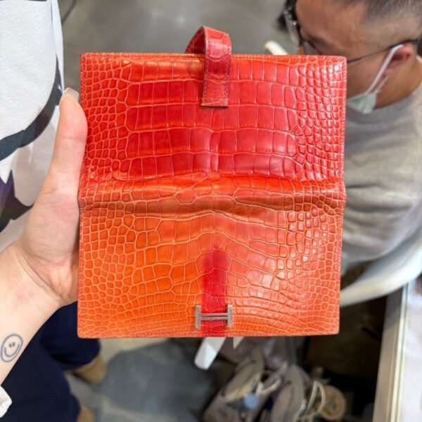 Hermes Vintage Foldable Wallet in Orange Exotic Leather with Box - Image 3